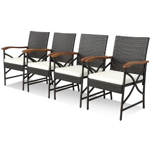 Tangkula Set of 4 PE Wicker Dining Chairs w/ White Soft Zippered Cushions Armchairs Patio - 1 of 3