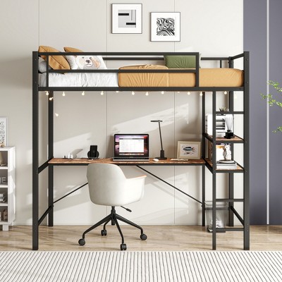 Twin Size Loft Bed with Charging Station, L Shaped Desk and Shelves
