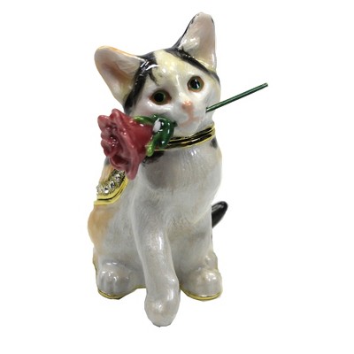 Hinged Trinket Box 3.0" Calico Cat Wth Rose Kitten  Tri-Color  -  Decorative Figurines