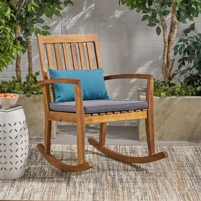 Retro Acacia Wood Accent Chair, Rocking Chair with Water-Resistant Cushion, Armchair for Porch or Bedroom -Christopher Knight Home