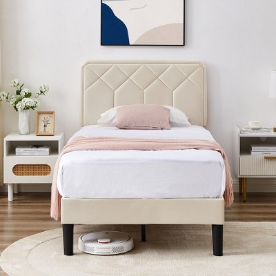 VECELO Bed Frame Premium Upholstered Platform with Height Adjustable Headboard