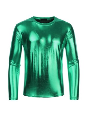 INSPIRE CHIC Men's Round Neck Long Sleeves Shining Disco Metallic T-Shirt