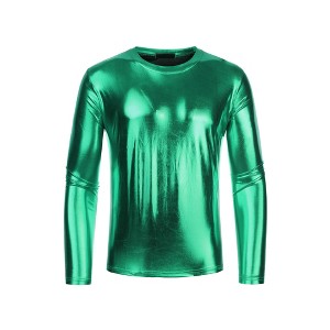INSPIRE CHIC Men's Round Neck Long Sleeves Shining Disco Metallic T-Shirt - 1 of 4