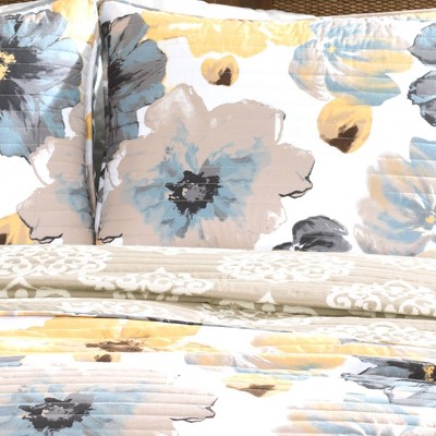 Leah Yellow and Gray Reversible Floral Full Quilt Set