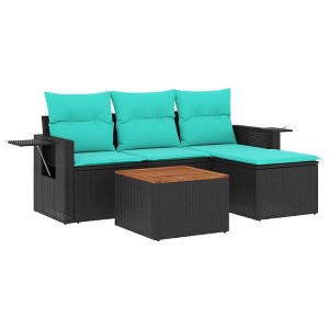 vidaXL 5 Piece Patio Sofa Set with Cushions Black Poly Rattan - Black and Blue - 1 of 4