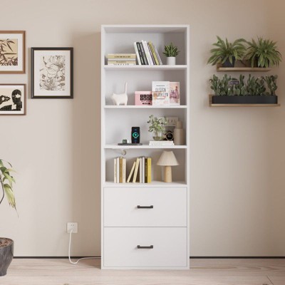 Karl Home White Display Cabinet with 4-layer 2-drawer 2 USB 2 Outlet 70.86in.H