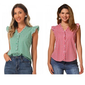 INSPIRE CHIC Women's Cap Sleeve Plaid Gingham Ruffle Shirt 2 Packs - 1 of 4