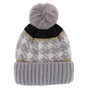CTM Women's Knit Houndstooth Pattern Winter Beanie Hat with Pom - 1 of 2