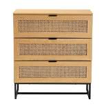 Sawyer Wood and Metal 3 Drawer Storage Cabinet with Natural Rattan Oak Brown/Black - Baxton Studio