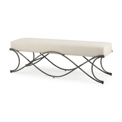 HomeRoots 55" Cream and Nickel Fabric and Metal Upholstered Bench
