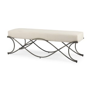 HomeRoots 55" Cream and Nickel Fabric and Metal Upholstered Bench - 1 of 4