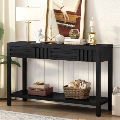 Rectangular Console Table with 2 Storage Drawers,MDF Entryway Table with Ash Veneer,Bottom Open Shelf Organizer for Living Room-Coolbibila