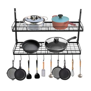 YIYIBYUS Hanging Pot Rack Wall Mounted 2 Tiers Pot and Pan Hanging Rack with 10 Hooks Kitchen Pan and Pot Hanger for Pot Storage Rack - 1 of 4