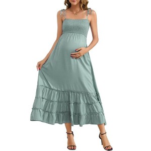Sleeveless Maternity Dress Women's Summer Spaghetti Strap Smocked Tiered Flowy Maxi Dress for Baby Shower Photoshoot - 1 of 4