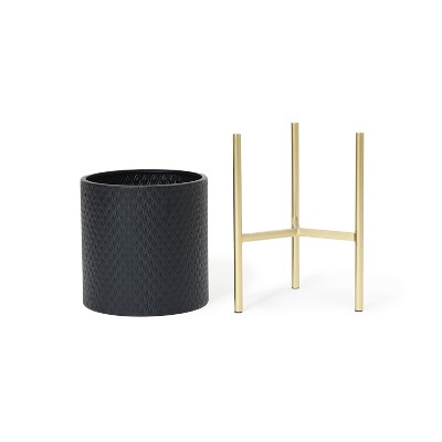 Black Diamond Pattern Metal Planter Set with Gold Stands