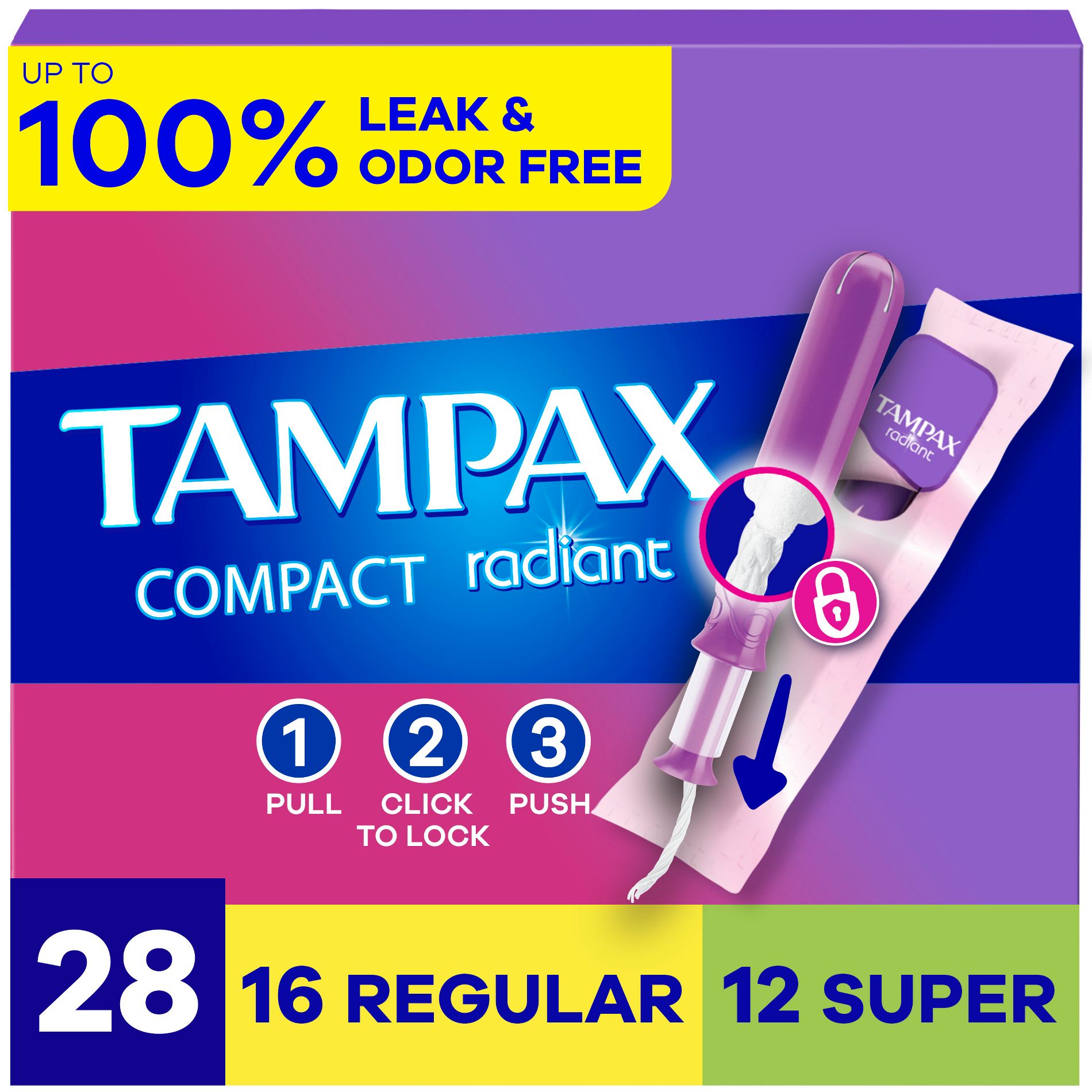 Tampax Compact Radiant Multipack Regular/Super Absorbency Unscented Plastic Tampons - 28ct