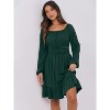 Long Lantern Sleeve Swing Dress with Square Neck & Ruffle Hem, Elastic Waist A-Line Short Dress for Women, Fall Fashion Deep Green - 4 of 4