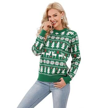 Family Christmas Sweater Reindeer Snowflake Pattern Crew Neck Holiday Pullover Knitwear
