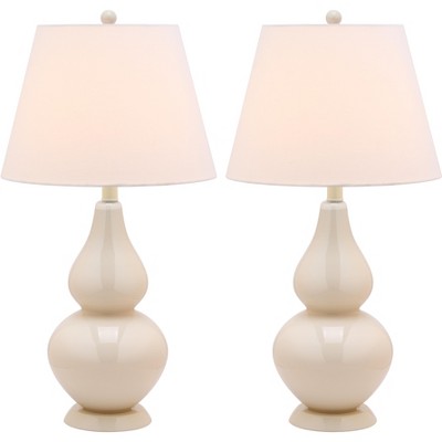 Cybil White Glass Double Gourd Nightstand Lamp Set with Cotton Shade