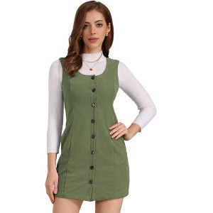 INSPIRE CHIC Women's Corduroy Button Down Scoop Neck Pockets Casual Pinafore Overall Dress - 1 of 4