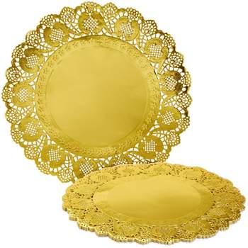 Juvale 60 Pack Round Paper Placemats for Dining Table, Formal Events, Decorative Gold Lace Paper Doilies for Cakes, Desserts, and Baked Goods, 12 in