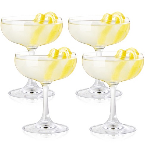 Ribbed Coupe Glasses w stems(10oz each) aesthetic glassware:  Upgrade lemon drop martini mix, expresso martini, Aperol spritz & more.  Drinking set of 4 w/ 4 stainless steel garnish picks: Martini