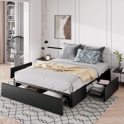 Allewie Platform Bed Frame with 3 Storage Drawers, Fabric Upholstered, Wooden Slats Support, No Box Spring Needed, Noise Free, Easy Assembly - image 1 of 4