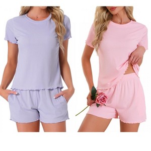 INSPIRE CHIC Women's 4 Pcs Ribbed Knit Soft Short-Sleeve Top & Shorts Ruffled Lounge Pajama Set with Pocket - 1 of 4