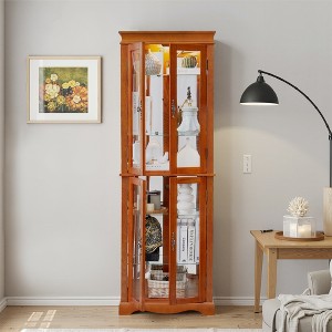 SpassWay 70"H Living Room Corner Display Cabinet with Glass Shelves Lighting Cherry and Oak - 1 of 4