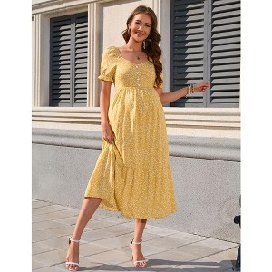 Women's Floral Maternity Dress V Neck Short Puff Sleeve Swing Maxi Dresses Casual for Photoshoot Baby Shower - 1 of 3