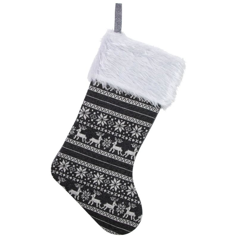Northlight 19" Gray and White Reindeer and Snowflake Knit Christmas Stocking with Faux Fur Cuff, 1 of 7
