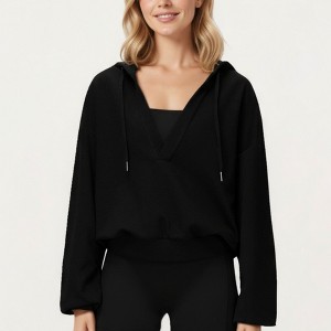 Anna-Kaci Active Women's Waffle Knit Long Sleeve Active Hoodie Top with Deep V-Neckline Fit and Stretch Texture - 1 of 4