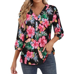 Nlife Women's Casual V Neck Floral Print 3/4 Length Sleeve Blouses Tropical Hawaiian Shirt Tops - 1 of 4