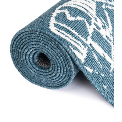 Blue and White Abstract Fish Pattern Outdoor Runner Rug