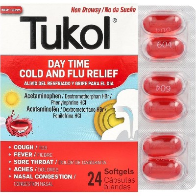 Tukol Day Time Cold & Flu Relief Softgel, 24 Ct