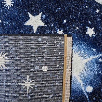 Dark Blue and Light Blue Synthetic Space Themed Kids Rug, 2' x 3'