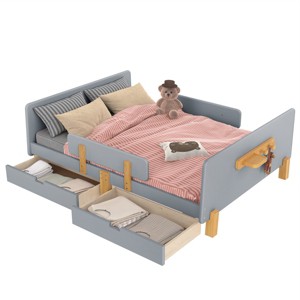 TopComfy Beds Full Size Platform Bed with Storage Drawers Solid Wood Beds Frame with Bed Guardrail for Bedroom, Gray, 78.74"*59.06"*23.23" - 1 of 4