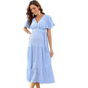 Clearlove Maternity Dress Women's V Neck Short Sleeve Smocked Ruffle Tiered Dress - 1 of 4