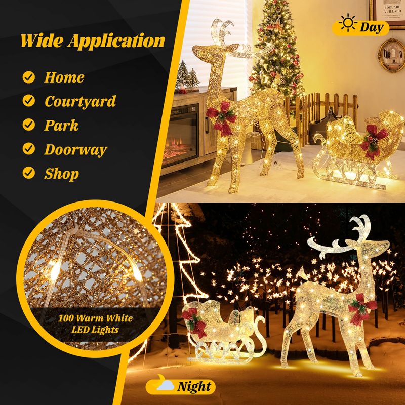 Costway Lighted Christmas Reindeer & Sleigh, Outdoor & Indoor Decoration W/ 100 Lights, 4 of 11