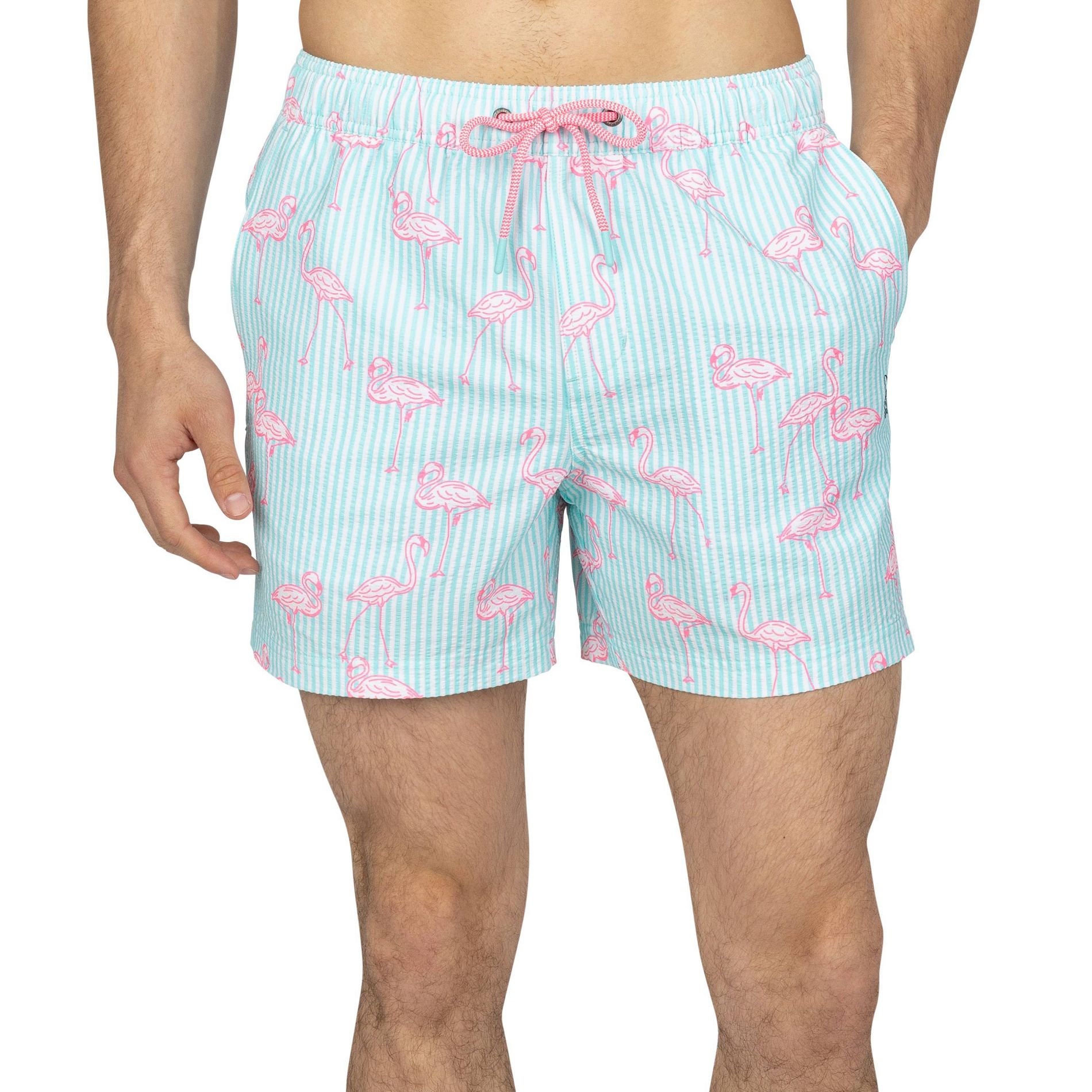 Party Pants Men's Pink Fellows Swim Shorts - Pink and Blue Seersucker