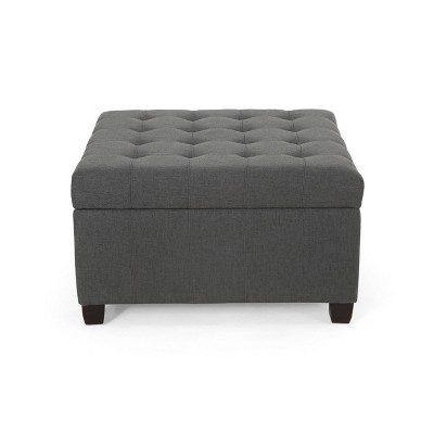 Dark Gray Tufted Fabric Storage Ottoman with Birch Legs