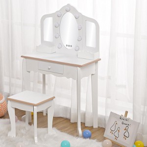 Kids Vanity with Lighted Mirror, Little Girls Vanity Table & Stool, Kids Makeup with Tri-Fold Mirror, Drawer & Storage Grid - 1 of 4