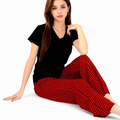 Anna-Kaci Lounge Women's Classic Plaid Pajama Set with Soft Short Sleeve Top and Relaxed Fit Elastic Waist Pants- Black,Small