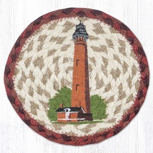 Earth Rugs Currituck Lighthouse Round Coaster – 7"x7" Coastal Jute Accent with Nautical Landmark Art - 1 of 3