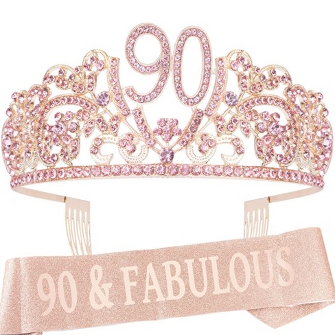 VeryMerryMakering 90th Birthday Sash and Tiara Set for Women, Flowers and  Rhinestones, Pink