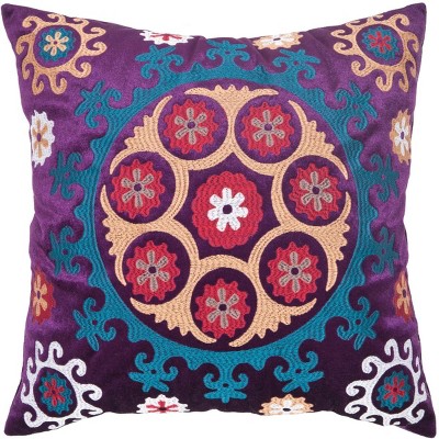 Gold and Purple Embroidered Linen Cotton Square Pillow Set