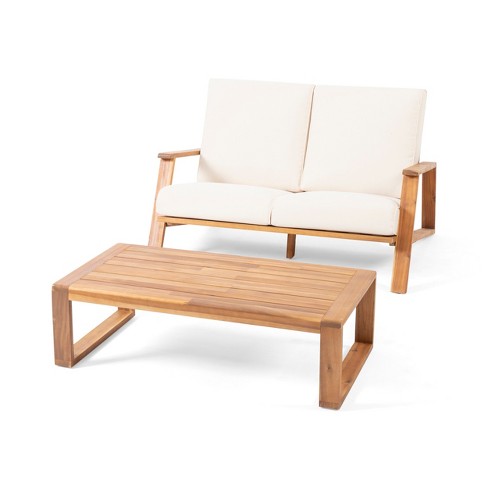 Christopher Knight Home Paloma Outdoor Acacia Wood Loveseat and Table Set with Cushions - image 1 of 4