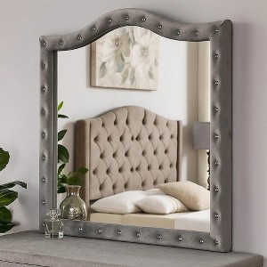 Royal Hampton Dresser Vanity Mirror, Crystal Tufted Gray Velvet Upholstery Arched Frame - 1 of 4