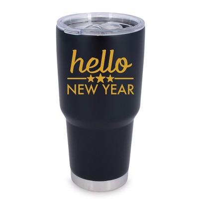 100 North 30 Ounce Stainless Steel On the Go Travel Tumbler With Push Top Lid, Hello New Year Black