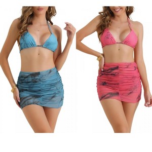 INSPIRE CHIC Women's Tie Dye Halter Tie Back Triangle Bottom Cover Up Skirt Swimwear Bikini 2 Sets - 1 of 4